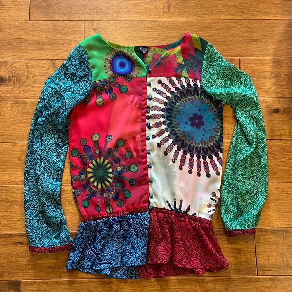 Desigual Multi Color Block Sheer Peplum Tunic Top Size 4